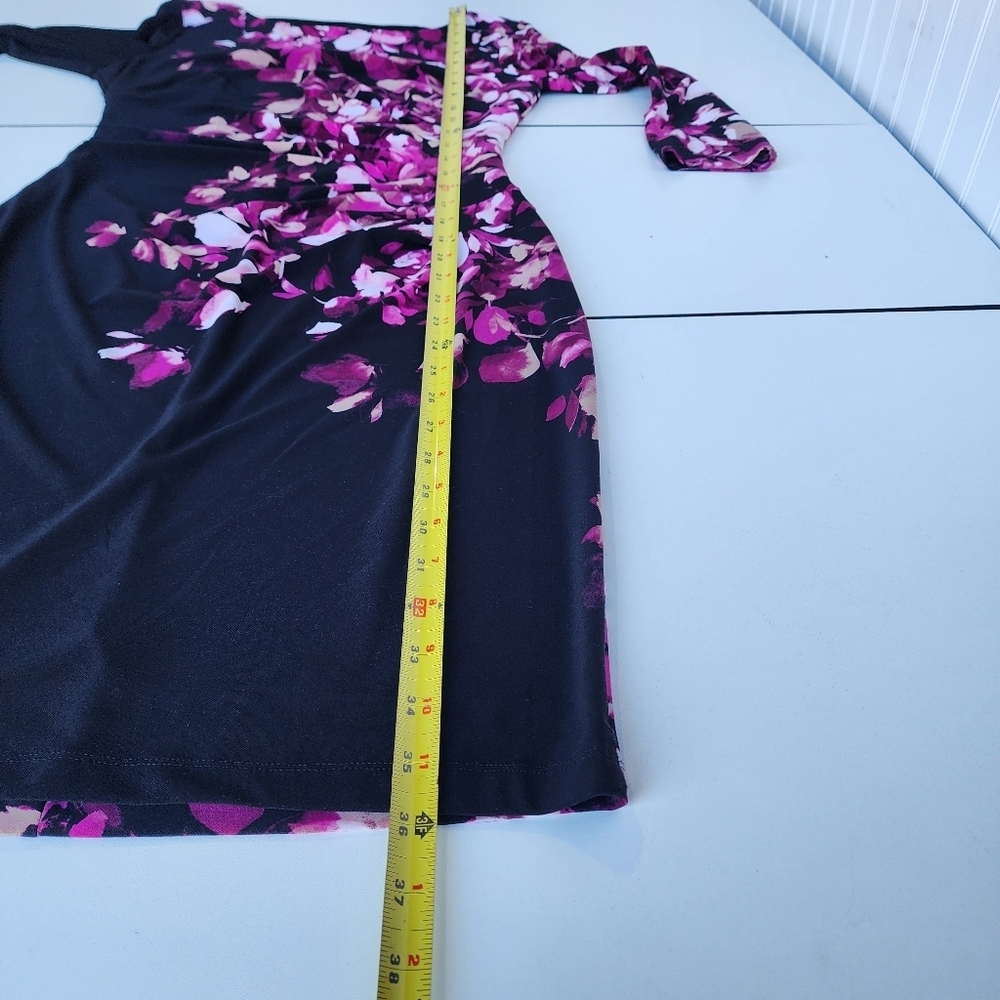 VTG Anne Klein Dress Ruched Black Pink Floral 3/4 Sleeves Stretch Womens Sz 2 - Picture 12 of 16